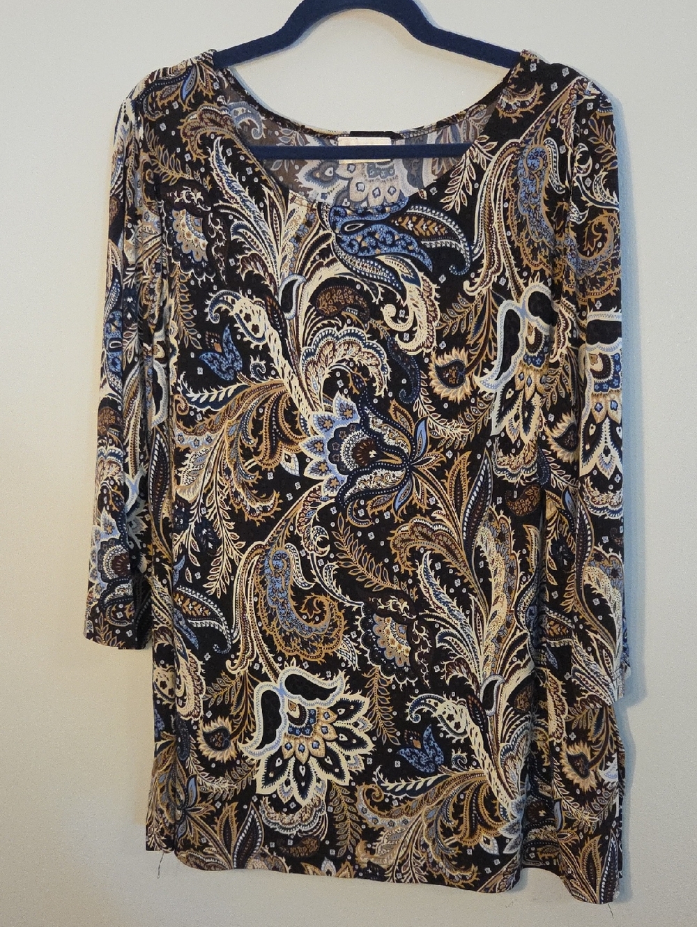 Women's Paisley Print Scoop Neck Top - Black, Blue & Tan, 1X